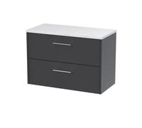 Nuie Hudson Reed Juno Wall Hung 2-Drawer Vanity & Sparkling White Worktop, Countertop Basin Unit In Graphite Grey Woodgrain, 800mm
