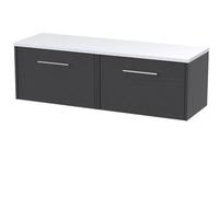 Nuie Hudson Reed Juno Wall Hung 2-Drawer Vanity & Sparkling White Worktop, Countertop Basin Unit In Graphite Grey Woodgrain, 1200mm