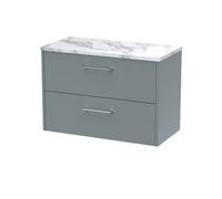 Nuie Hudson Reed Juno Wall Hung 2-Drawer Vanity Unit & Carrera Marble Worktop, Stylish Countertop Basin Unit In Coastal Grey, 800mm