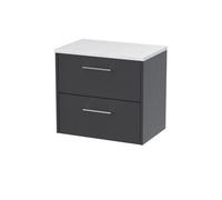 Nuie Hudson Reed Juno Wall Hung 2-Drawer Vanity Unit & Sparkling Whiteworktop, Countertop Basin Unit In Graphite Grey Woodgrain, 600mm