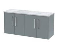 Nuie Hudson Reed Juno Wall Hung 4-Door Vanity Unit & Bellato Grey Worktop, Stylish Countertop Basin Unit In Coastal Grey, 1200mm
