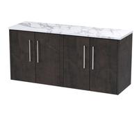 Nuie Hudson Reed Juno Wall Hung 4-Door Vanity Unit & Carrera Marble Worktop, Countertop Basin Unit In Metallic Slate, 1200mm