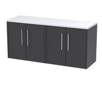 Nuie Hudson Reed Juno Wall Hung 4-Door Vanity Unit & Sparkling White Worktop, Countertop Basin Unit In Graphite Grey Woodgrain, 1200mm