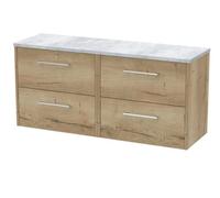 Nuie Hudson Reed Juno Wall Hung 4-Drawer Vanity Unit & Bellato Grey Worktop, Countertop Basin Unit In Autumn Oak, 1200mm