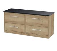 Nuie Hudson Reed Juno Wall Hung 4-Drawer Vanity Unit & Black Worktop, Countertop Basin Unit In Autumn Oak, 1200mm