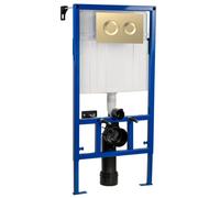 Nuie Hudson Reed Mid Height Concealed Cistern with Wall Frame and Brass Dual Flush Plate with Round Buttons | Brushed Brass | Stainless Steel | 520mm x 890mm x 204mm