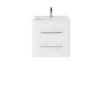 Nuie Hudson Reed Solar Wall Hung Vanity Unit With Ceramic Basin, Modern 2 Drawer Bathroom Sink Vanity Unit In Pure White, 600mm
