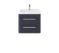 Nuie Hudson Reed Solar Wall Hung Vanity Unit With Ceramic Basin, Modern 2 Drawer Bathroom Sink Vanity Unit In Indigo Blue, 600mm