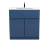 Nuie Hudson Reed Urban Floor Standing 2 Door 1 Drawer Vanity Unit With Minimalist Basin, Modern Vanity Unit In Satin Blue, 800mm
