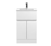 Nuie Hudson Reed Urban Floor Standing 2 Door 1 Drawer Vanity Unit With Minimalist Basin, Modern Vanity Unit In Satin White, 500mm