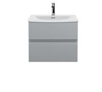 Nuie Hudson Reed Urban Wall Hung 2 Drawer Vanity Unit With Curved Ceramic Basin, Modern Bathroom Furniture In Satin Grey, 600mm