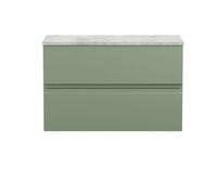 Nuie Hudson Reed Urban Wall Hung Countertop Basin Unit, 2 Soft Close Drawers Vanity Unit And Bellato Grey Worktop In Satin Green, 800mm