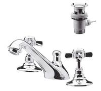nuie I307X Beaumont Traditional Bathroom Crosshead Handle 3 Tap Hole Basin Mixer Tap with Pop-Up Waste, 85 x 50 x 165mm , Chrome
