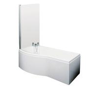 Nuie Left Hand B Shape Shower Bath with Screen and Front Panel | White | Acrylic | 1500mm x 900mm