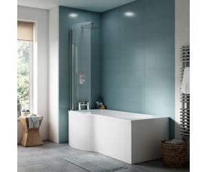 Nuie Left Hand P Shape Shower Bath with Screen and Front Panel | White | Acrylic | 1700mm x 850mm