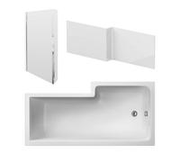 Nuie Left Hand Square Shower Bath Set, Modern Bathtub With Screen & Side Panel, Deep Soaking Bathtub With Legs In White, 1600mm