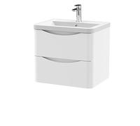 Nuie Lunar 2 Drawer Wall Hung Vanity Unit and Ceramic Basin with 1 Tap Hole | Satin White | MFC | 600mm