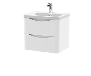 nuie LUN102A Lunar Modern Bathroom Wall Hung 2 Drawer Vanity Basin Unit & Ceramic Basin, 600mm, Satin White