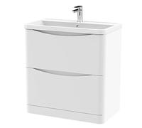 nuie LUN103 Lunar Modern Bathroom Floor Standing 2 Drawer Vanity Basin Unit with Polymarble Basin, 800mm, Satin White