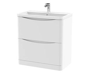 nuie LUN103 Lunar Modern Bathroom Floor Standing 2 Drawer Vanity Basin Unit with Polymarble Basin, 800mm, Satin White