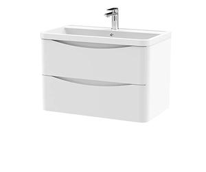 nuie LUN104 Lunar Modern Bathroom Wall Hung 2 Drawer Vanity Basin Unit & Polymarble Basin, 800mm, Satin White