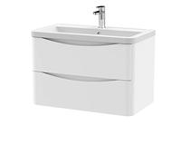 nuie LUN104A Lunar Modern Bathroom Wall Hung 2 Drawer Vanity Basin Unit & Ceramic Basin, 800mm, Satin White