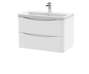 nuie LUN104A Lunar Modern Bathroom Wall Hung 2 Drawer Vanity Basin Unit & Ceramic Basin, 800mm, Satin White
