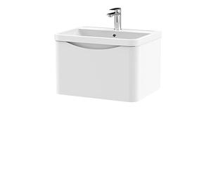 nuie LUN105 Lunar Modern Bathroom Wall Hung 1 Drawer Vanity Basin Unit & Polymarble Basin, 600mm, Satin White