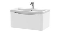nuie LUN106A Lunar Modern Bathroom Wall Hung 1 Drawer Vanity Basin Unit & Ceramic Basin, 800mm, Satin White