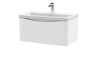 nuie LUN106A Lunar Modern Bathroom Wall Hung 1 Drawer Vanity Basin Unit & Ceramic Basin, 800mm, Satin White
