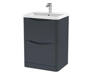 nuie LUN1401 Lunar Modern Bathroom Floor Standing 2 Drawer Vanity Basin Unit with Polymarble Basin, 600mm, Soft Black