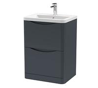 nuie LUN1401A Lunar Modern Bathroom Floor Standing 2 Drawer Vanity Basin Unit with Ceramic Basin, 600mm, Soft Black