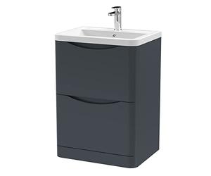 nuie LUN1401A Lunar Modern Bathroom Floor Standing 2 Drawer Vanity Basin Unit with Ceramic Basin, 600mm, Soft Black