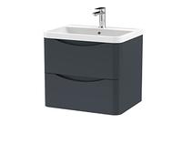 nuie LUN1402 Lunar Modern Bathroom Wall Hung 2 Drawer Vanity Basin Unit & Polymarble Basin, 600mm, Soft Black