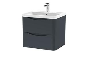 nuie LUN1402 Lunar Modern Bathroom Wall Hung 2 Drawer Vanity Basin Unit & Polymarble Basin, 600mm, Soft Black