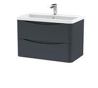 nuie LUN1404 Lunar Modern Bathroom Wall Hung 2 Drawer Vanity Basin Unit & Polymarble Basin, 800mm, Soft Black