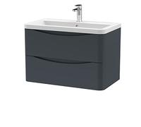 nuie LUN1404A Lunar Modern Bathroom Wall Hung 2 Drawer Vanity Basin Unit & Ceramic Basin, 800mm, Soft Black