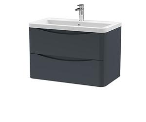 nuie LUN1404A Lunar Modern Bathroom Wall Hung 2 Drawer Vanity Basin Unit & Ceramic Basin, 800mm, Soft Black