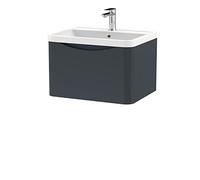 nuie LUN1405 Lunar Modern Bathroom Wall Hung 1 Drawer Vanity Basin Unit & Polymarble Basin, 600mm, Soft Black