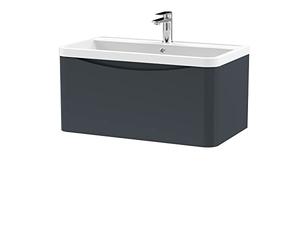 nuie LUN1406 Lunar Modern Bathroom Wall Hung 1 Drawer Vanity Basin Unit & Polymarble Basin, 800mm, Soft Black