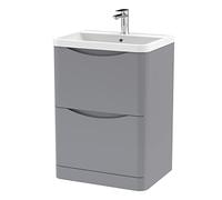 nuie LUN201 Lunar Modern Bathroom Floor Standing 2 Drawer Vanity Basin Unit with Polymarble Basin, 600mm, Satin Grey