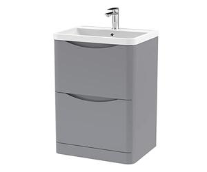 nuie LUN201 Lunar Modern Bathroom Floor Standing 2 Drawer Vanity Basin Unit with Polymarble Basin, 600mm, Satin Grey