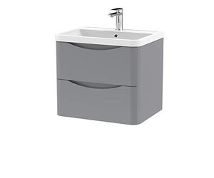 nuie LUN202 Lunar Modern Bathroom Wall Hung 2 Drawer Vanity Basin Unit & Polymarble Basin, 600mm, Satin Grey