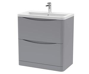nuie LUN203A Lunar Modern Bathroom Floor Standing 2 Drawer Vanity Basin Unit with Ceramic Basin, 800mm, Satin Grey