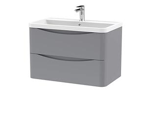 nuie LUN204 Lunar Modern Bathroom Wall Hung 2 Drawer Vanity Basin Unit & Polymarble Basin, 800mm, Satin Grey