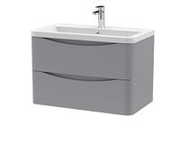 nuie LUN204A Lunar Modern Bathroom Wall Hung 2 Drawer Vanity Basin Unit & Ceramic Basin, 800mm, Satin Grey