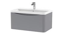nuie LUN206 Lunar Modern Bathroom Wall Hung 1 Drawer Vanity Basin Unit & Polymarble Basin, 800mm, Satin Grey