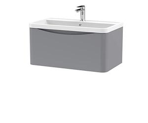 nuie LUN206 Lunar Modern Bathroom Wall Hung 1 Drawer Vanity Basin Unit & Polymarble Basin, 800mm, Satin Grey