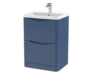 nuie LUN301 Lunar Modern Bathroom Floor Standing 2 Drawer Vanity Basin Unit with Polymarble Basin, 600mm, Satin Blue