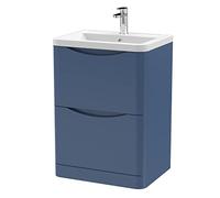 nuie LUN301A Lunar Modern Bathroom Floor Standing 2 Drawer Vanity Basin Unit with Ceramic Basin, 600mm, Satin Blue